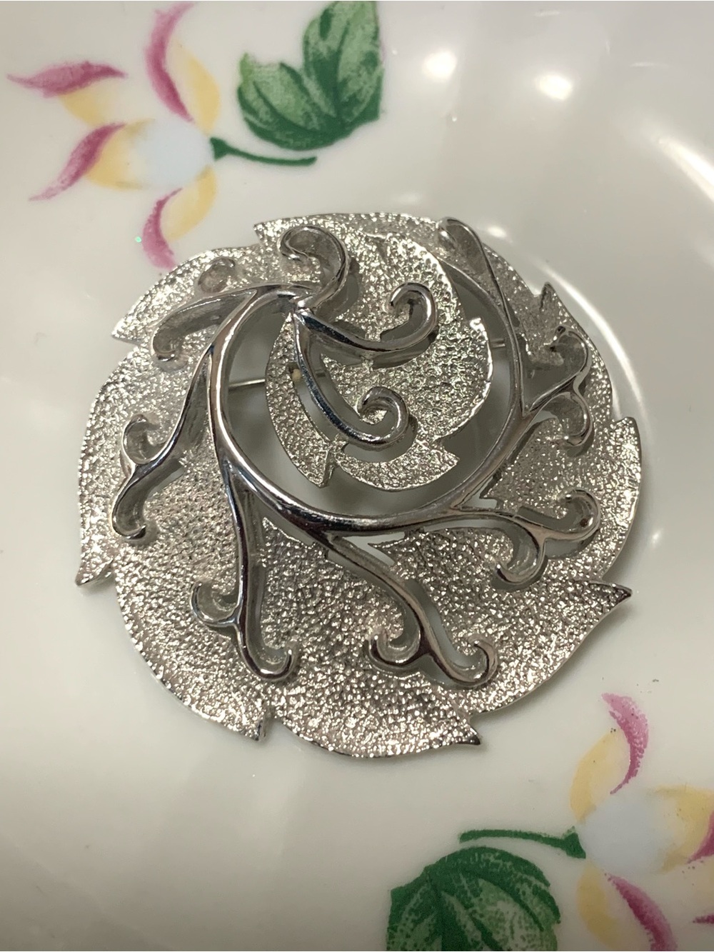 Vintage Silver Tone Filigree Swirl Brooch